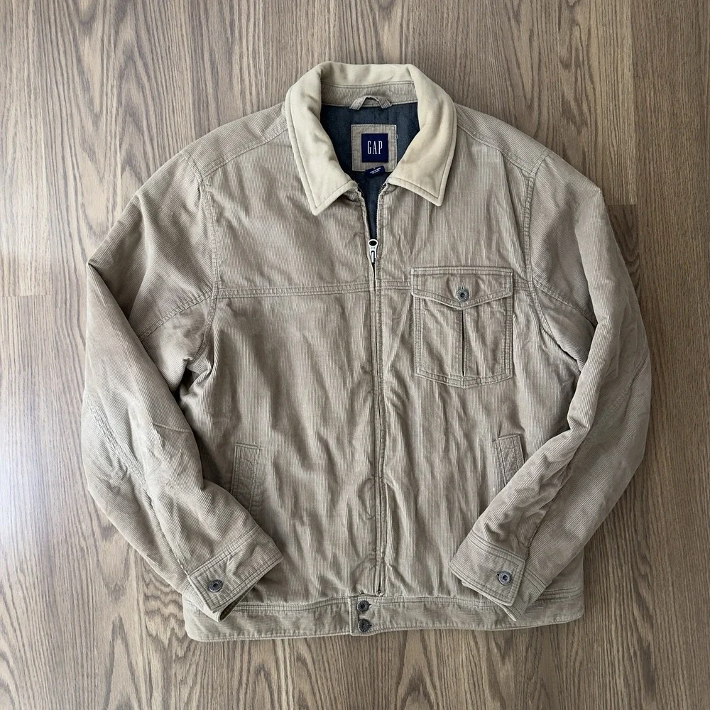 Vintage GAP Jacket Mens L Beige Corduroy Collared Bomber Full Zip Lined Y2K 00s